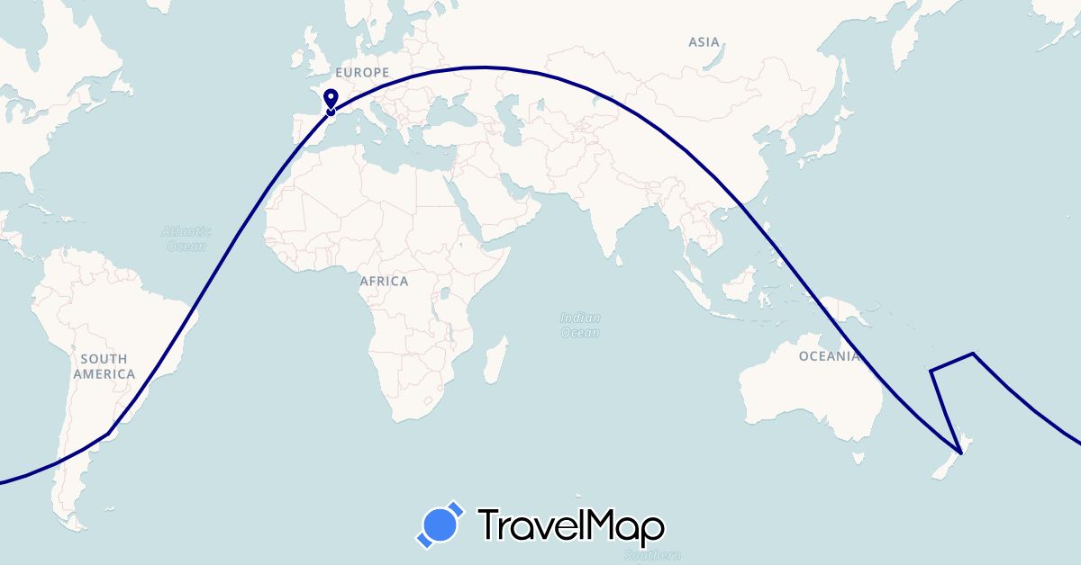 TravelMap itinerary: driving in Argentina, Fiji, France, Hong Kong, New Caledonia, New Zealand (Asia, Europe, Oceania, South America)
